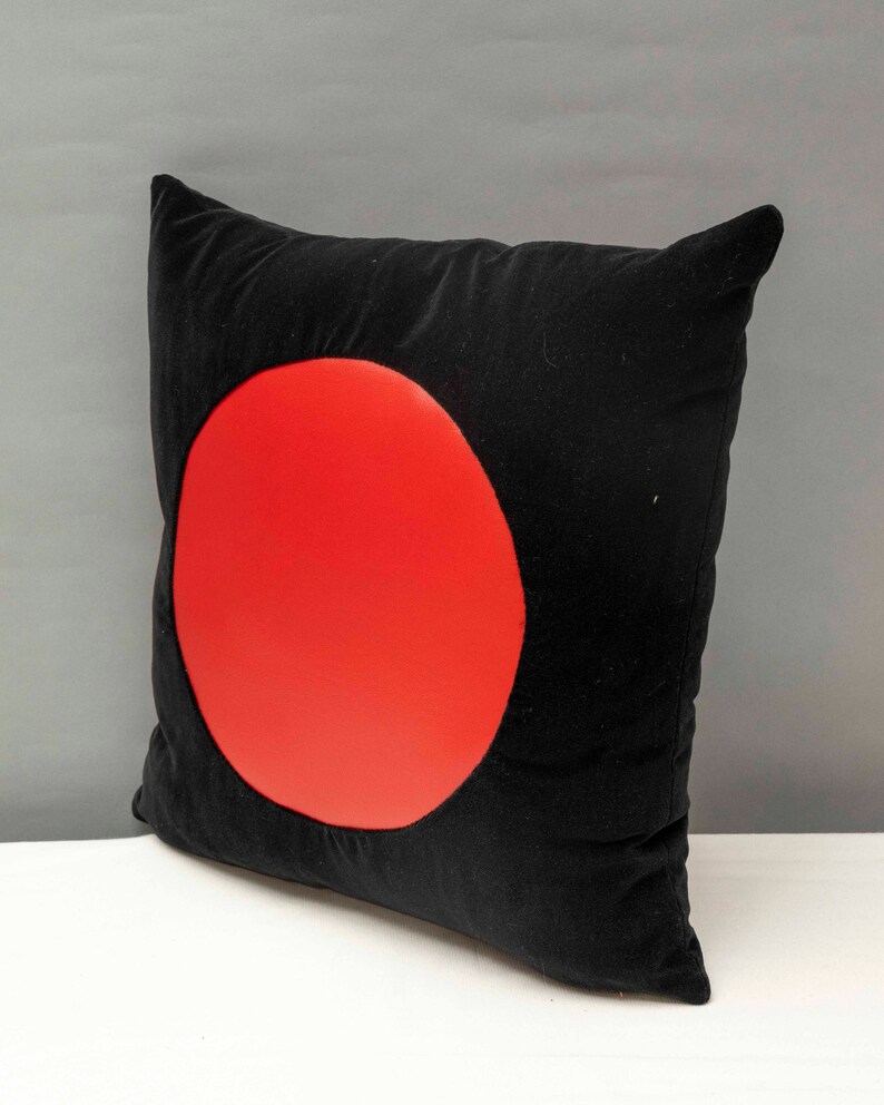 Black velvet with geometric red vinyl handmade pillow 16 x 16\u201dinches