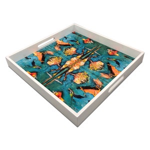 Handmade contemporary lacquer wood tray with multi color abstract titled: The Birds&quot; designed by &quot;Bruce Mishell&quot;16&quot; x 16&quot; inches