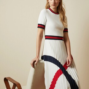 Designer Nautical Inspired Pleated Knit Chiffon Midi Dress