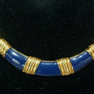 Vintage signed MONET Navy Blue Enamel Omega Chain Egyptian Revival Collar Necklace