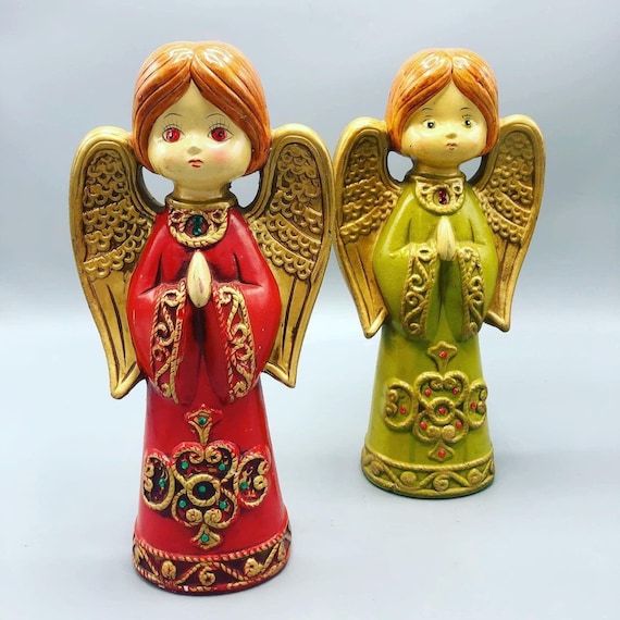 Mid century pair of hand made porcelain angels green and red 1980'a circa signed