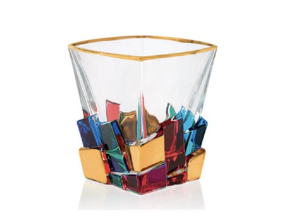 Murano Style Multi Color Tumblers w Gold trim PAIR
