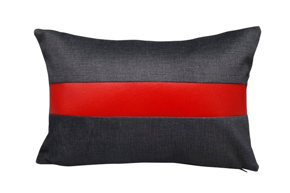 Handmade artisan lumber pillow with gray velvet and red Naugahyde stripe" 10x15" inches Comes with an insert