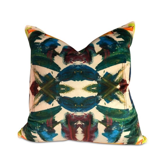 Contemporary abstract kaleidoscope pillows with print on velvet with green velvet in the back 16" x 16" inches