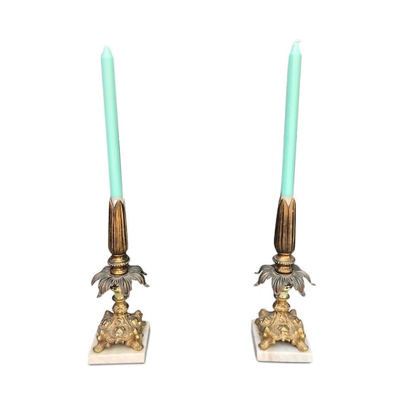 Hollywood Regency marble and brass candleholders sticks Italian