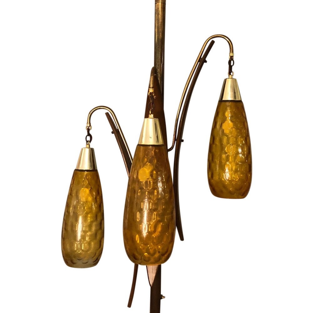 Mid Century Modern Ivory, Walnut Tension Rod Pole Lamp