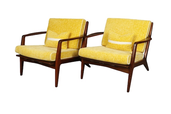 Mid-Century Danish Curated Walnut Yellow Velvet Lounge Chairs 1960's