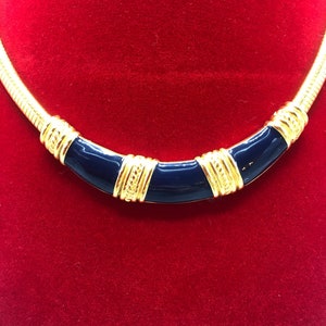 Vintage signed MONET Navy Blue Enamel Omega Chain Egyptian Revival Collar Necklace