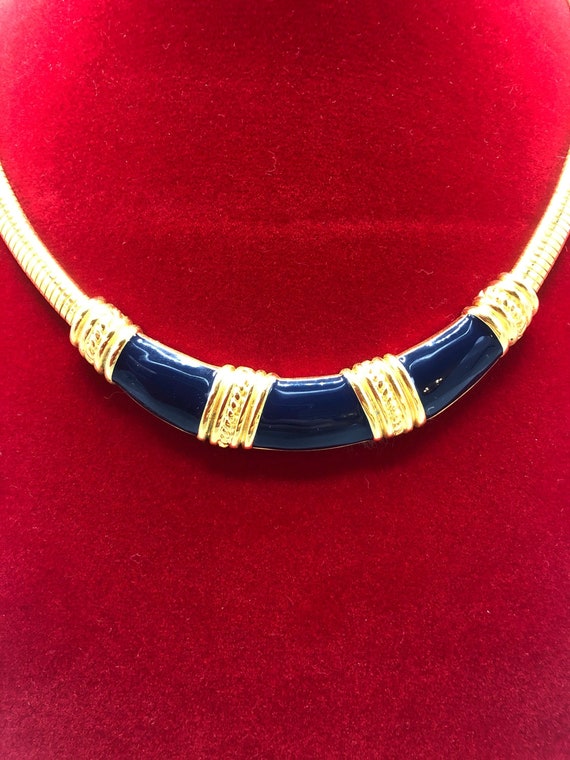 Vintage signed MONET Navy Blue Enamel Omega Chain… - image 1