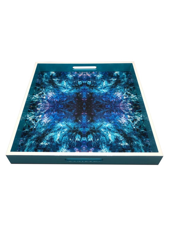 Handmade contemporary lacquer wood tray titled: "Blue Ocean" designed by "Magic Hill W16 x D16 x H2