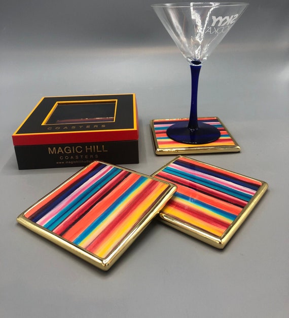 Handmade ceramic square polished gold trim coasters with Bruce Mishell print  Set of 4.