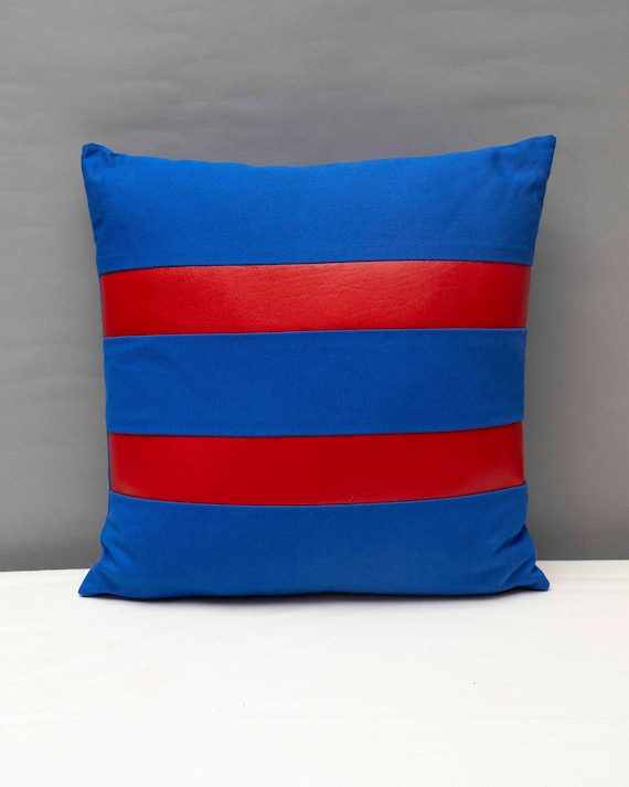 Blue canvas geometric handmade pillow 16 x 16" inches with two red stripes