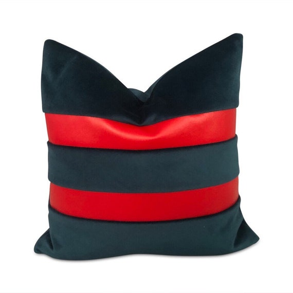 Contemporary handmade velvet blue teal pillow with two red vinyl stripes on one side 17" x 17" inches