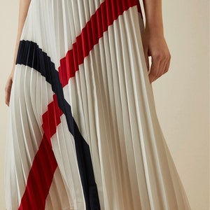 Designer Nautical Inspired Pleated Knit Chiffon Midi Dress