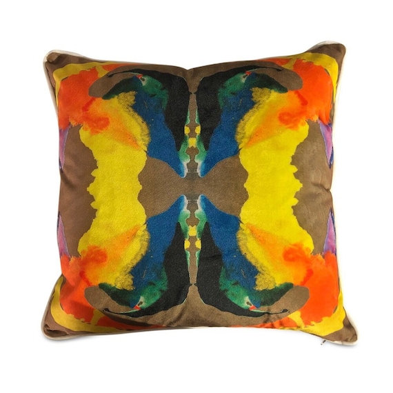 Contemporary abstract kaleidoscope pillows with print on velvet both sides with white piping  16" x 16" inches