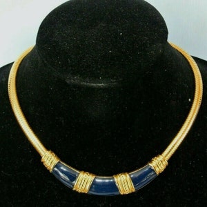 Vintage signed MONET Navy Blue Enamel Omega Chain Egyptian Revival Collar Necklace