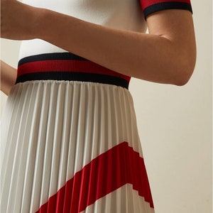 Designer Nautical Inspired Pleated Knit Chiffon Midi Dress