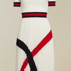 Designer Nautical Inspired Pleated Knit Chiffon Midi Dress