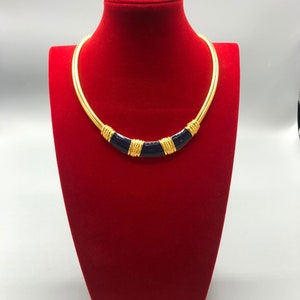 Vintage signed MONET Navy Blue Enamel Omega Chain Egyptian Revival Collar Necklace