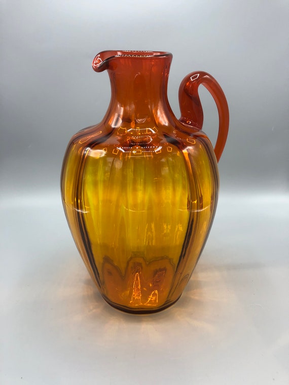 Vintage 1964’s BLENKO Hand Blown Amber Glass Optic Art Glass Pitcher