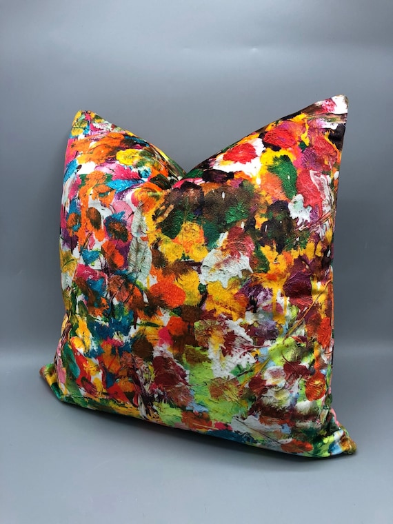 Handmade Square  pillow with bruce Mishell design flowers  print on plush velvet yellow 18 x 18 inches