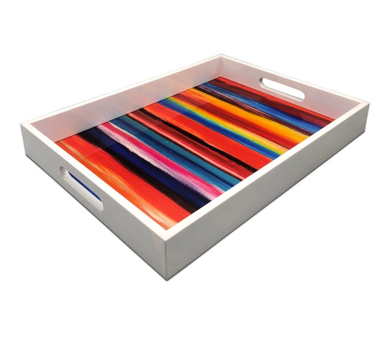 Handmade contemporary lacquer wood tray with multi color abstract titled: “Tuffi Fruitti” designed by “Magic Hill