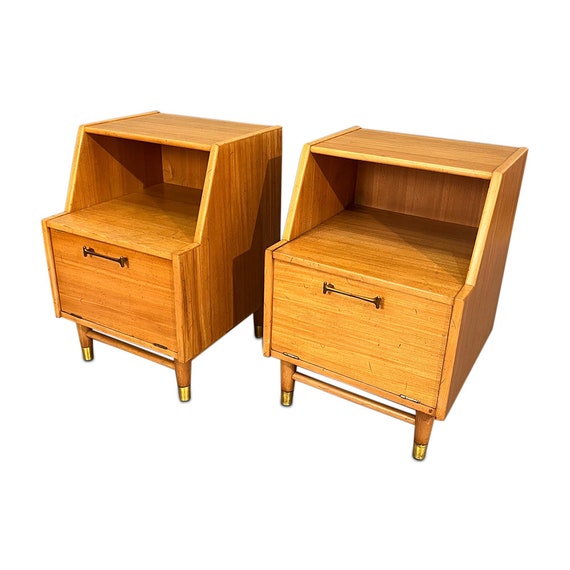 Mid-Century Drexler nightstands with open storage and shelving (PAIR)