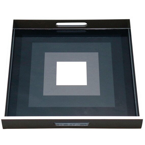 Contemporary lacquered wood tray with geometric Black gray and white squares design. W16 x D16 x H2 inches