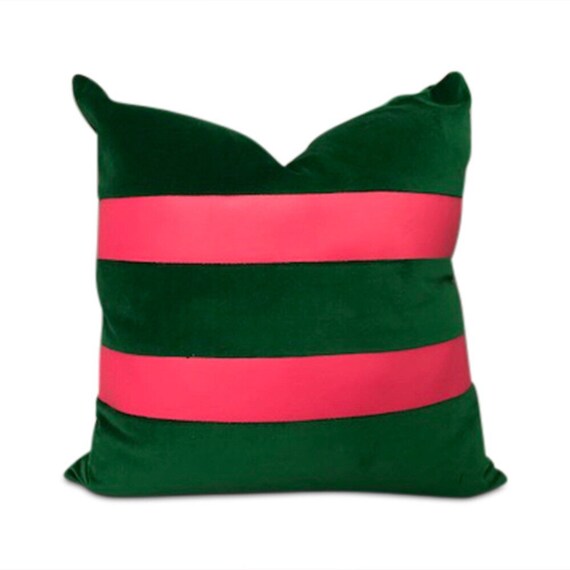 Handmade square green velvet with 2 pink vinyl strips pillow 16" x 16" inches come with feather down insert.