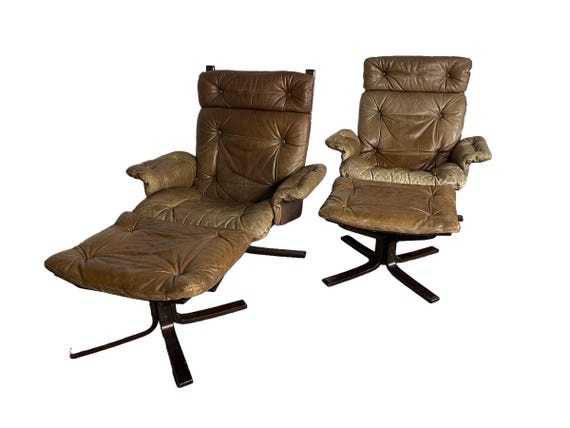 Mid-Century Leather lounges with footrests (Pair)