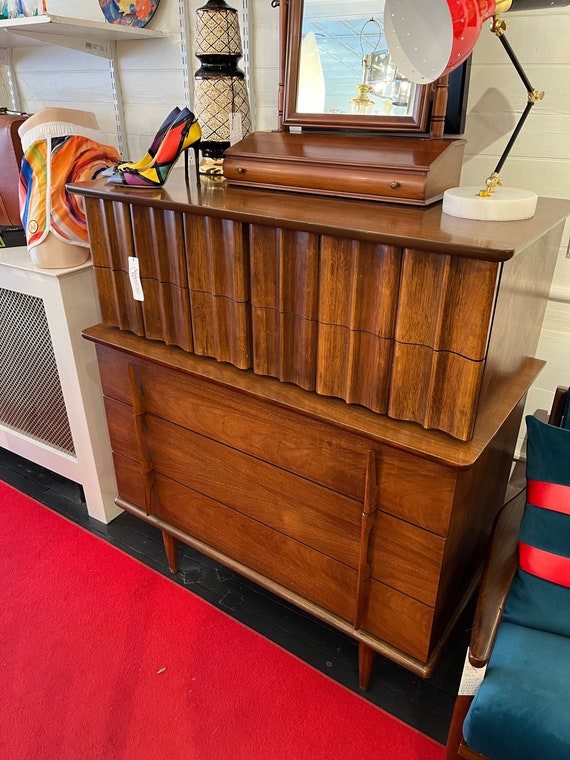 Mid-Century Walnut Highboy Vintage Original Dresser by United furniture 1960's