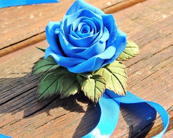 Blue Flower Corsage, Wedding Accessories for Bride, Rose wrist corsage, Handmade accessories for wedding