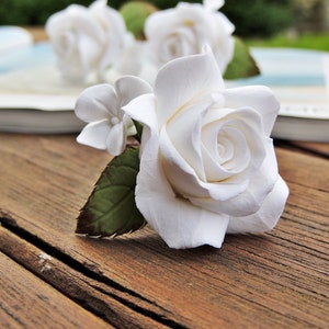 Bridal Hair Pins Set of 3 – White Clay Rose Hair Accessories – Handmade Wedding Flowers