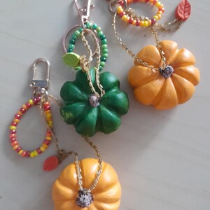 Può includere: Tre portachiavi a forma di zucca. Due sono arancioni e uno è verde. Ognuno ha una catena d'oro e una chiusura. I portachiavi arancioni hanno un anello di perline rosse, gialle e arancioni. Il portachiavi verde ha un anello di perline verdi.