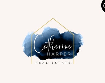 Navy Watercolor Real Estate Logo, Modern Branding (Canva Template)