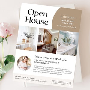 May include: Open house flyer for a luxury home with a park view. The flyer features photos of the home's interior and exterior, as well as a photo of the real estate agent. The home is listed at $549,000 and has 4 bedrooms, 3 bathrooms, and a 3-car garage. The flyer also includes the date and time of the open house, as well as the address of the property.