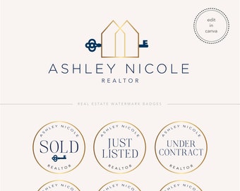 Realtor Logo, Key Logo, Navy & Gold Real Estate Logo, Key House Logo, Real Estate Branding, Interior Design Logo, House Logo