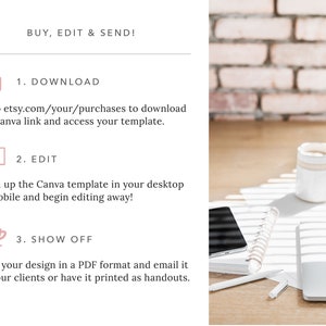Puede incluir: Un icono de carpeta rosa, un icono de pantalla de ordenador y un icono de taza de caf&eacute; rosa con instrucciones sobre c&oacute;mo descargar, editar y compartir una plantilla de Canva. El texto dice "&iexcl;COMPRAR, EDITAR Y ENVIAR!"  "1. DESCARGAR Ve a etsy.com/your/purchases para descargar el enlace de Canva y acceder a tu plantilla." "2. EDITAR Abre la plantilla de Canva en tu escritorio o m&oacute;vil y empieza a editar!" "3. MU&Eacute;STRALO Guarda tu dise&ntilde;o en formato PDF y env&iacute;alo por correo electr&oacute;nico a tus clientes o impr&iacute;melo como folletos."
