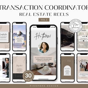 May include: A promotional image for real estate reels, featuring a series of smartphone screens displaying templates. The text reads "Transaction Coordinator Real Estate Reels Vol 2" and "Hi there!" with a woman's photo. The image includes the text "30 Reels" and "PinkPops Design."