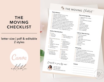 May include: A printable moving checklist in a light brown and white color scheme with the title "The Moving Checklist" in a brown font. The checklist is divided into sections for "Prep in Advance", "Notify of Upcoming Move", "Pack an Overnight Bag", "Label an "Open First" Box", "Moving Day", and "Contacts".