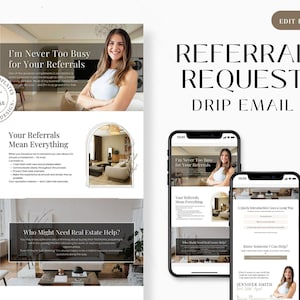 Könnte beinhalten: Eine digitale Marketingvorlage für Immobilienempfehlungen. Das Design zeigt eine Frau, den Text „Ich bin nie zu beschäftigt für Ihre Empfehlungen“ und zwei Smartphones, die das E-Mail-Layout anzeigen. Die Vorlage ist eine Neuerscheinung.