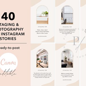 May include: A set of 6 Instagram story templates with tips for staging and photography. Each template features a light pink background with a white archway and a photo of a staged room. The text on the templates includes tips such as "Clean, clean, clean!" and "Remove all unnecessary items".