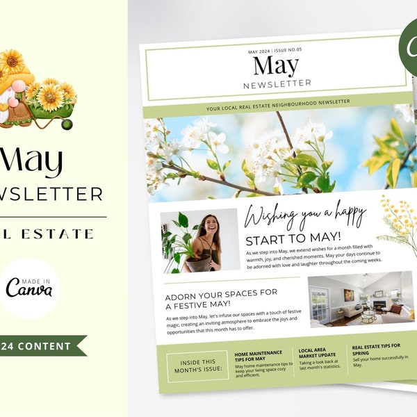 Grundbesitz Mai Mailer, Mai 2024 Newsletter, Makler, Mai 2024, Immobilen Marketing, Mai Realty Newsletter Template, Mailer