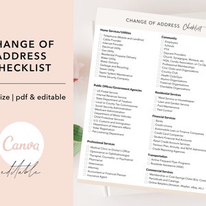 Könnte beinhalten: Eine Checkliste für die Adressänderung. Die Checkliste ist in Kategorien wie Hausdienste/Versorgungsunternehmen, Öffentliche Ämter/Behörden, Gemeinde, Wohnungsdienste, Finanzdienstleistungen, Berufsdienste, Transport und Handelsdienste unterteilt. Die Checkliste ist mit Kontrollkästchen für jeden Punkt formatiert.