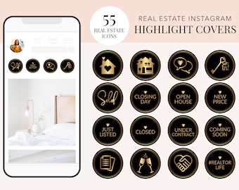 55 Real Estate Instagram Highlights, Gold Black Real Estate Instagram Story, Realtor Instagram Story, Real Estate IG Story Highlights