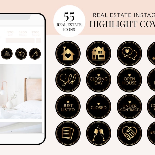 55 Real Estate Instagram Highlights, Gold Black Real Estate Instagram Story, Realtor Instagram Story, Real Estate IG Story Highlights