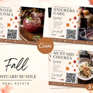 Peut inclure: Trois cartes postales sur le thème de l'automne avec des recettes pour un cocktail Ginger Paloma, un gâteau Snicker au caramel salé et au pomme et un poulet à la moutarde en mijoteuse. Chaque carte postale comporte un code QR à scanner pour obtenir la recette complète et le texte "Avery Smith Real Estate" en bas.