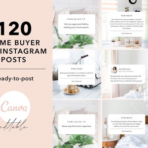 以下が含まれることがあります： 住宅購入者のためのInstagram投稿テンプレート9個のコラージュ。テンプレートは薄いピンクの背景に、住宅購入のヒントやリマインダーが書かれた白いテキストボックスが配置されています。テキストには、「住宅探しを始める前に事前承認を得る」「住宅検査は必ず行う」「住宅の購入手続きが完了するまで大きな買い物は控える」などのフレーズが含まれています。