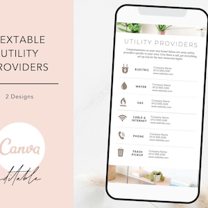 Puede incluir: Una lista de verificaci&oacute;n imprimible para nuevos propietarios para hacer un seguimiento de los proveedores de servicios p&uacute;blicos. La lista de verificaci&oacute;n incluye iconos para electricidad, agua, gas, cable e internet, tel&eacute;fono y recogida de basura. El texto de la lista de verificaci&oacute;n dice "Proveedores de servicios p&uacute;blicos" y "&iexcl;Felicitaciones por su nuevo hogar! A continuaci&oacute;n, se muestran algunos proveedores de servicios p&uacute;blicos espec&iacute;ficos de su &aacute;rea. Ll&aacute;melos, configure todo y deje que los nuevos recuerdos comiencen!"