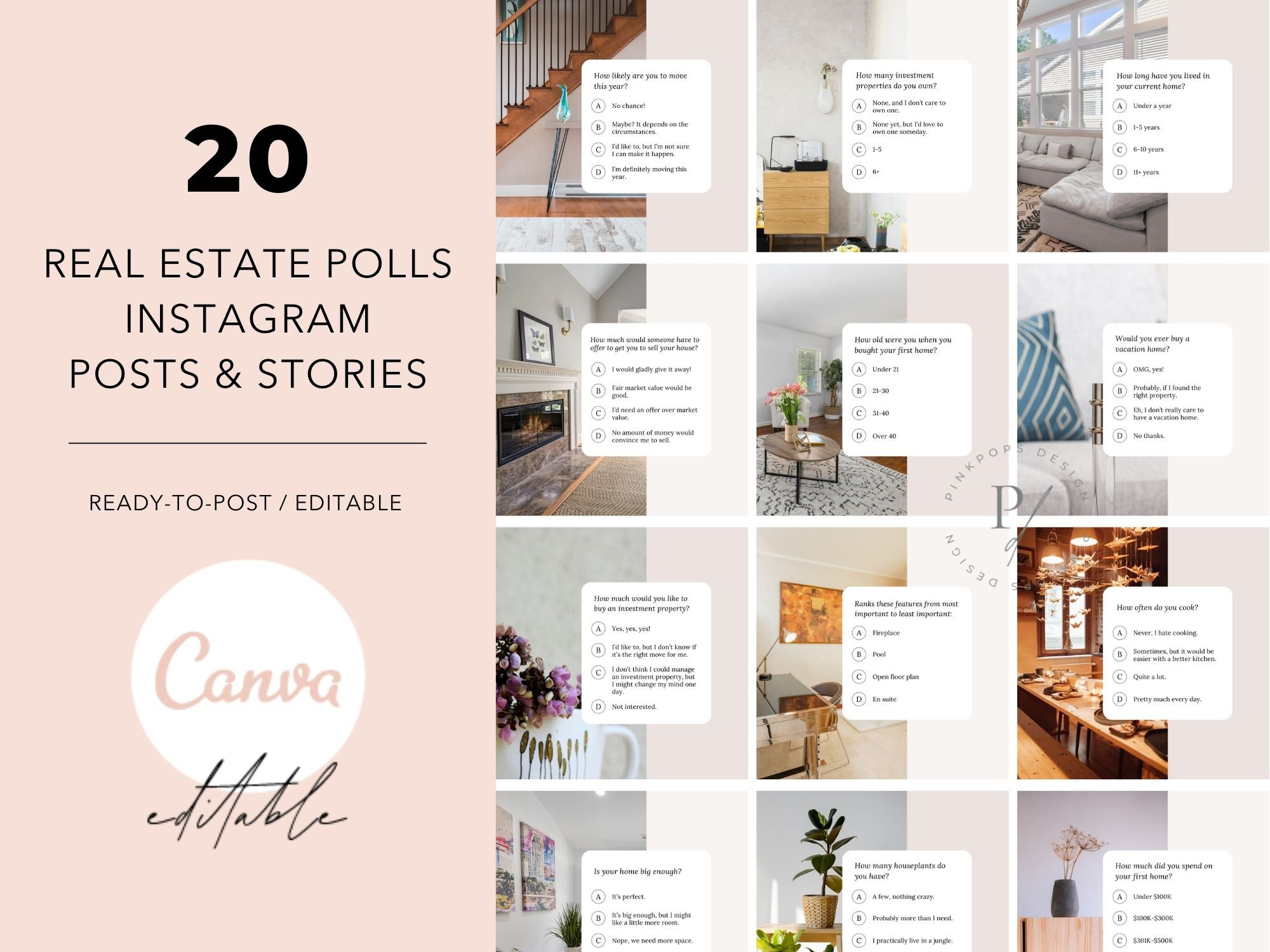 20 Real Estate Polls Instagram Posts, Real Estate Polls Engagement Posts, Real Estate Social Media, Real Estate Instagram Templates